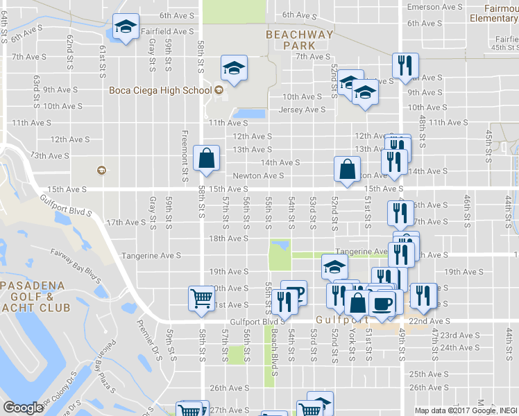 map of restaurants, bars, coffee shops, grocery stores, and more near 5510 16th Avenue South in Gulfport