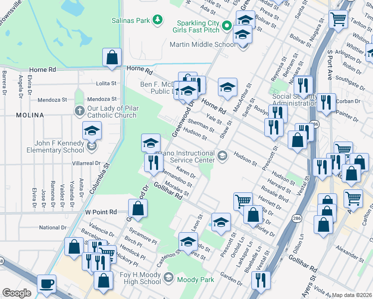 map of restaurants, bars, coffee shops, grocery stores, and more near 1654 Harriett Drive in Corpus Christi