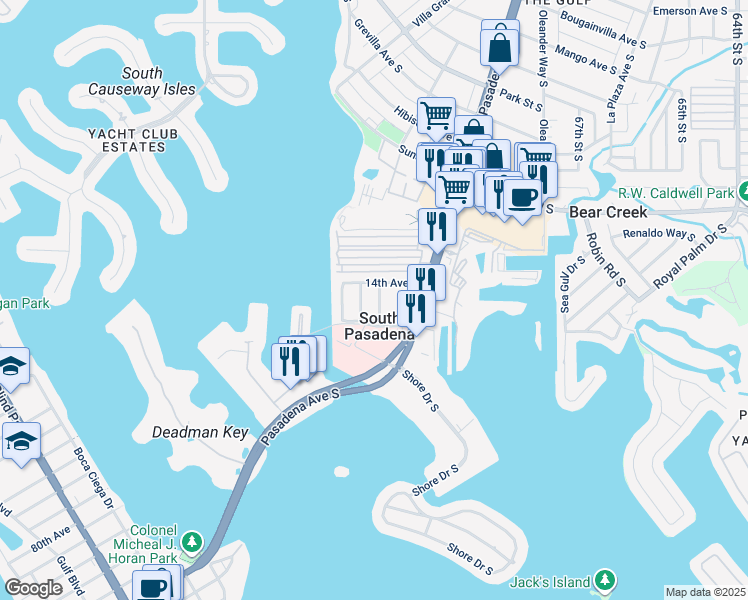 map of restaurants, bars, coffee shops, grocery stores, and more near 1431 Island Drive South in South Pasadena