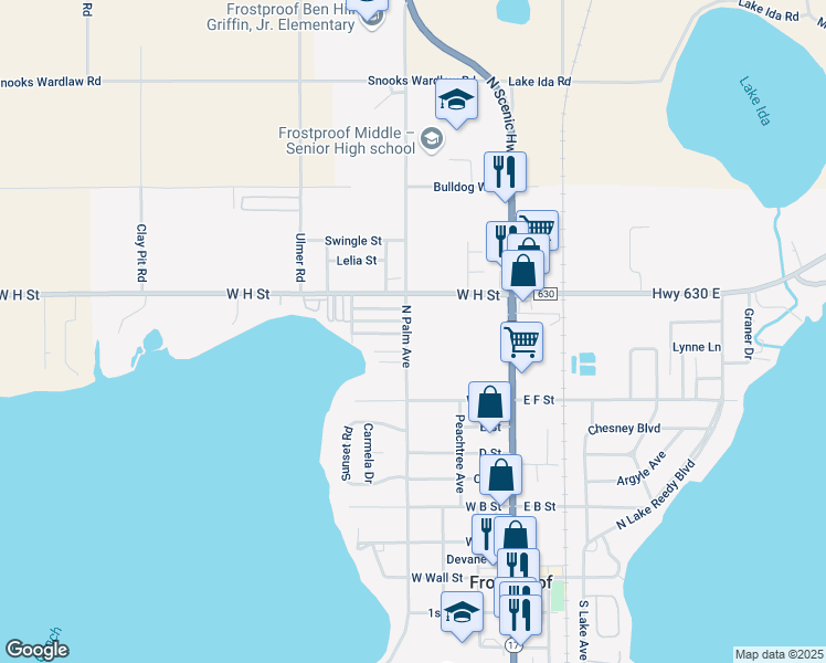 map of restaurants, bars, coffee shops, grocery stores, and more near 552 North Palm Avenue in Frostproof