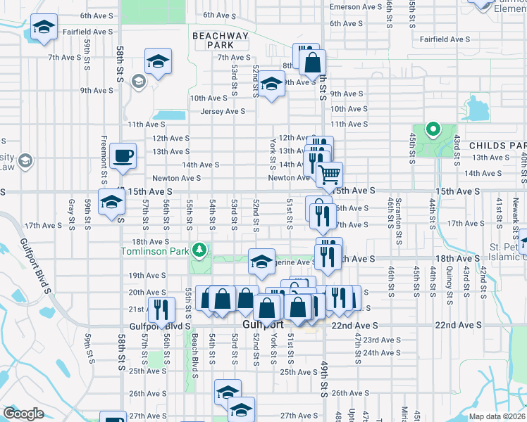map of restaurants, bars, coffee shops, grocery stores, and more near 1601 52nd Street South in Gulfport