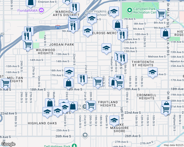 map of restaurants, bars, coffee shops, grocery stores, and more near 1616 21st Street South in St. Petersburg