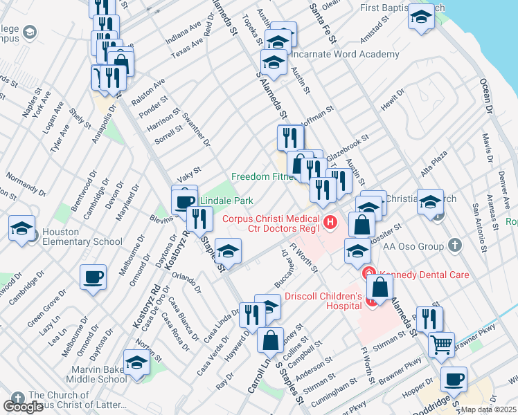 map of restaurants, bars, coffee shops, grocery stores, and more near 641 Robinson Street in Corpus Christi