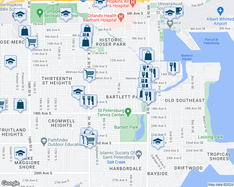 map of restaurants, bars, coffee shops, grocery stores, and more near 1621 7th Street South in Saint Petersburg