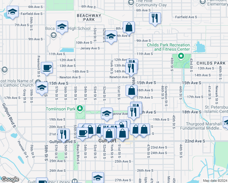 map of restaurants, bars, coffee shops, grocery stores, and more near 5117 Preston Avenue South in Gulfport