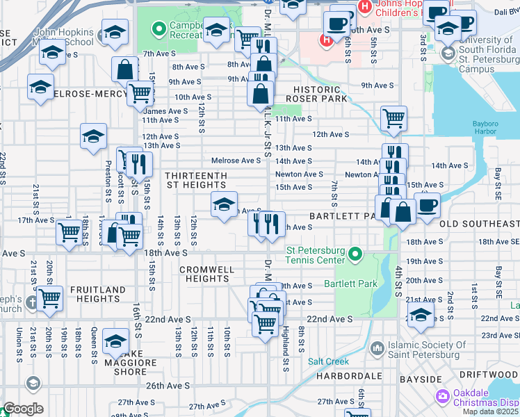 map of restaurants, bars, coffee shops, grocery stores, and more near 915 16th Avenue South in St. Petersburg