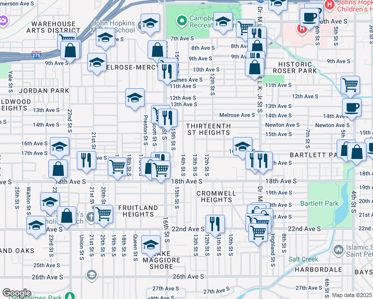 map of restaurants, bars, coffee shops, grocery stores, and more near 1534 14th St S in St Petersburg