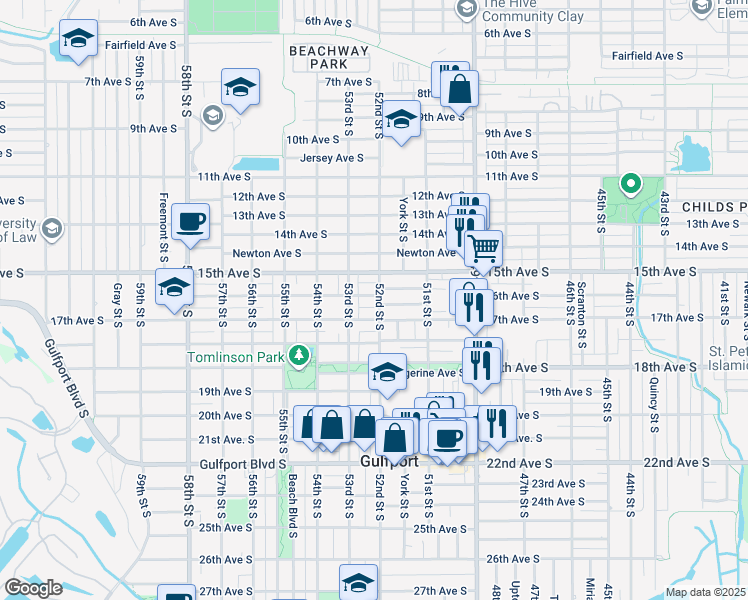 map of restaurants, bars, coffee shops, grocery stores, and more near 1601 52nd Street South in Gulfport