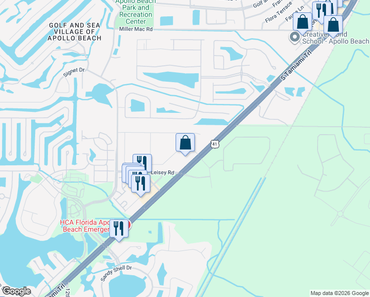 map of restaurants, bars, coffee shops, grocery stores, and more near 130 Mangrove Manor Drive in Apollo Beach