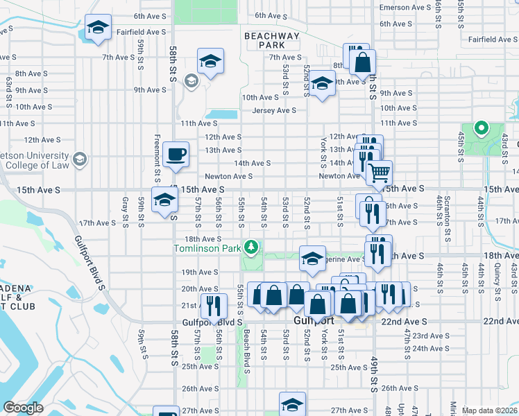 map of restaurants, bars, coffee shops, grocery stores, and more near 5410 16th Avenue South in Gulfport