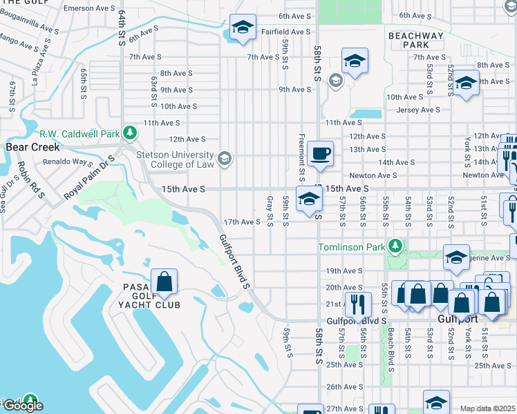 map of restaurants, bars, coffee shops, grocery stores, and more near 1602 60th Street South in Gulfport