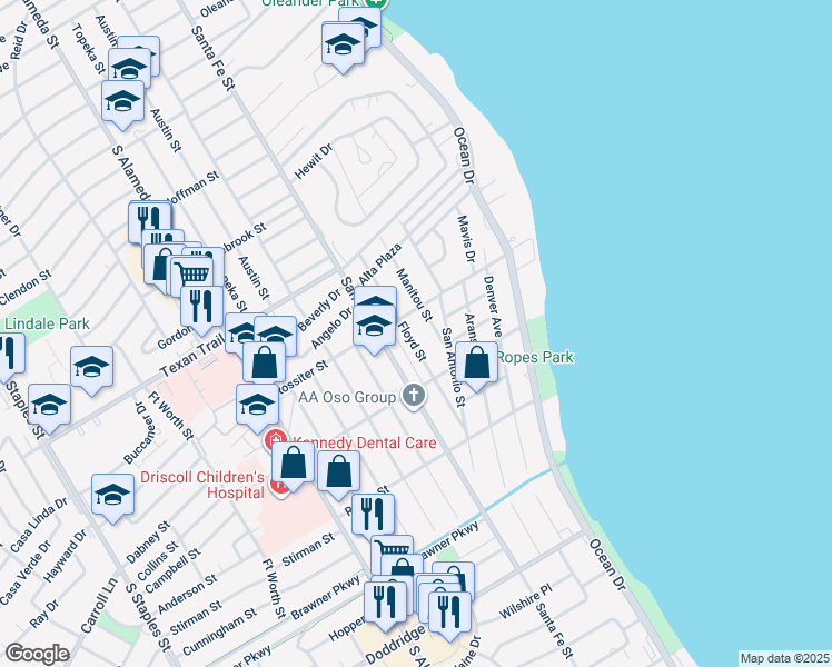 map of restaurants, bars, coffee shops, grocery stores, and more near 3414 Floyd Street in Corpus Christi