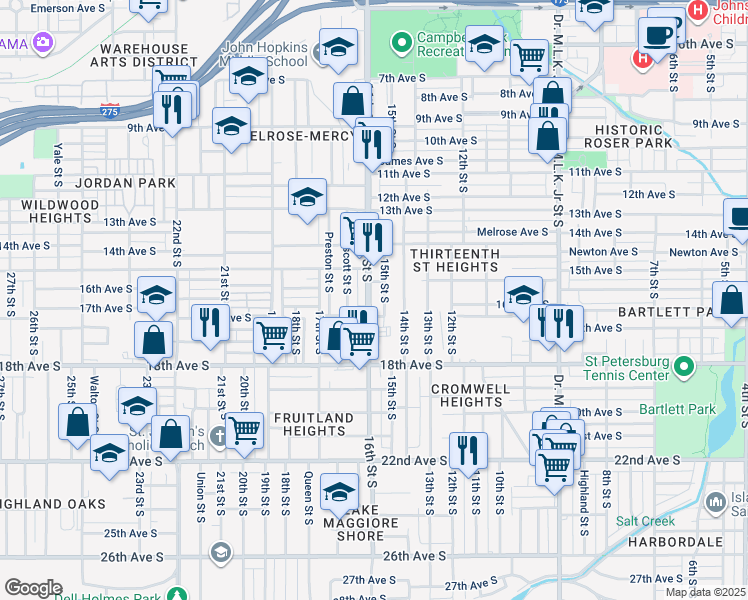 map of restaurants, bars, coffee shops, grocery stores, and more near 1538 16th Street South in St. Petersburg