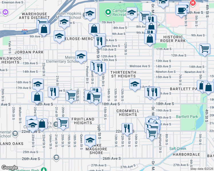 map of restaurants, bars, coffee shops, grocery stores, and more near 1534 14th Street South in St. Petersburg