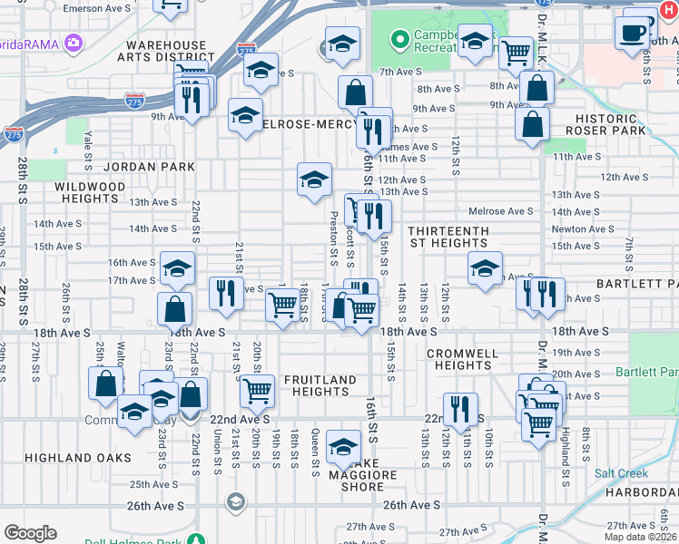 map of restaurants, bars, coffee shops, grocery stores, and more near 1625 Prescott Street South in St. Petersburg