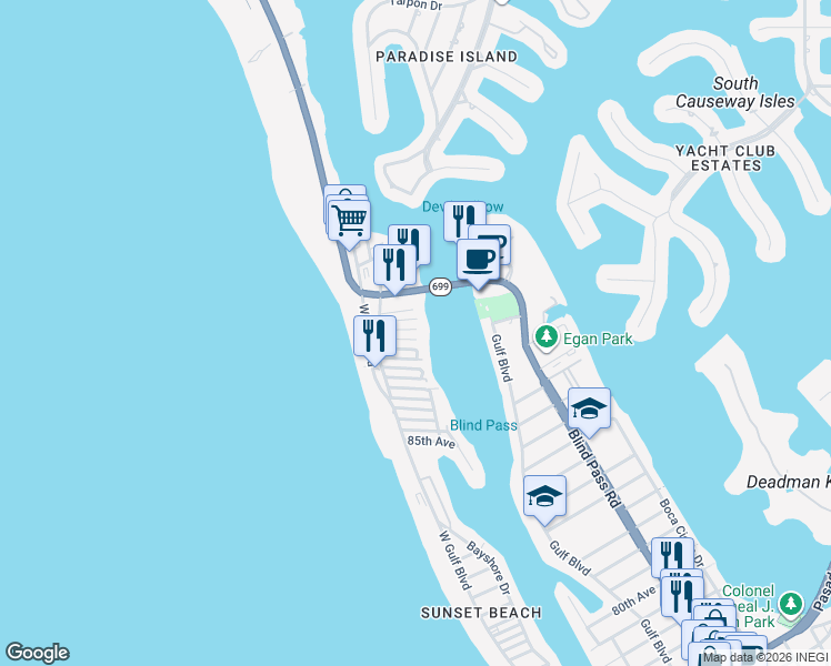 map of restaurants, bars, coffee shops, grocery stores, and more near 145 93rd Avenue in Treasure Island