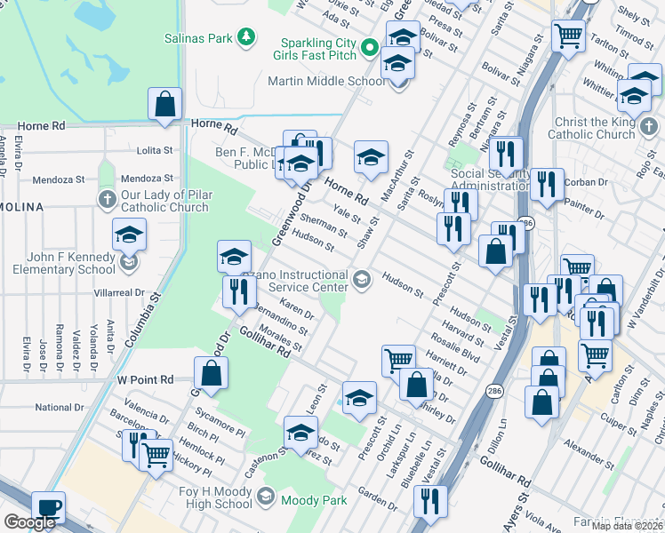 map of restaurants, bars, coffee shops, grocery stores, and more near 4241 Shaw Street in Corpus Christi