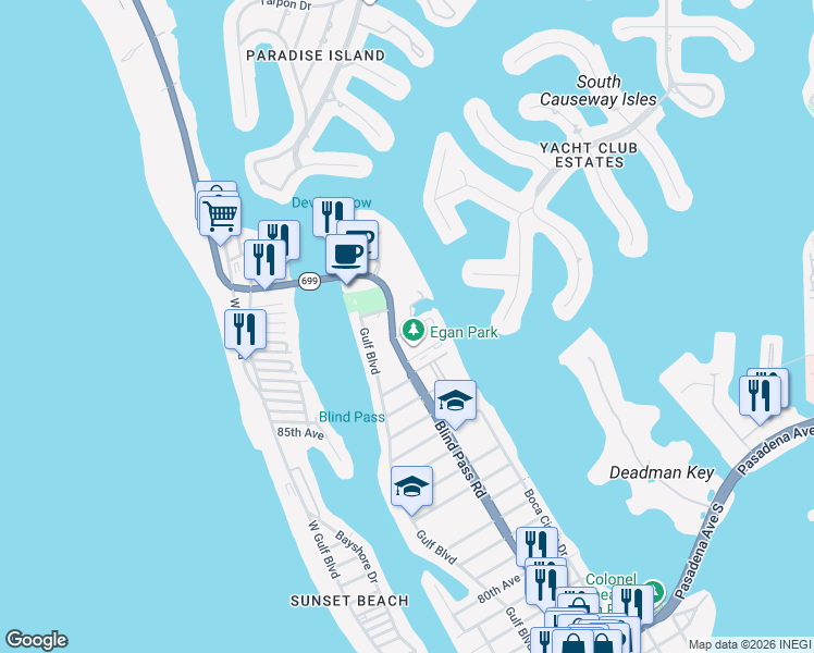 map of restaurants, bars, coffee shops, grocery stores, and more near 9211 Captiva Circle in St. Pete Beach