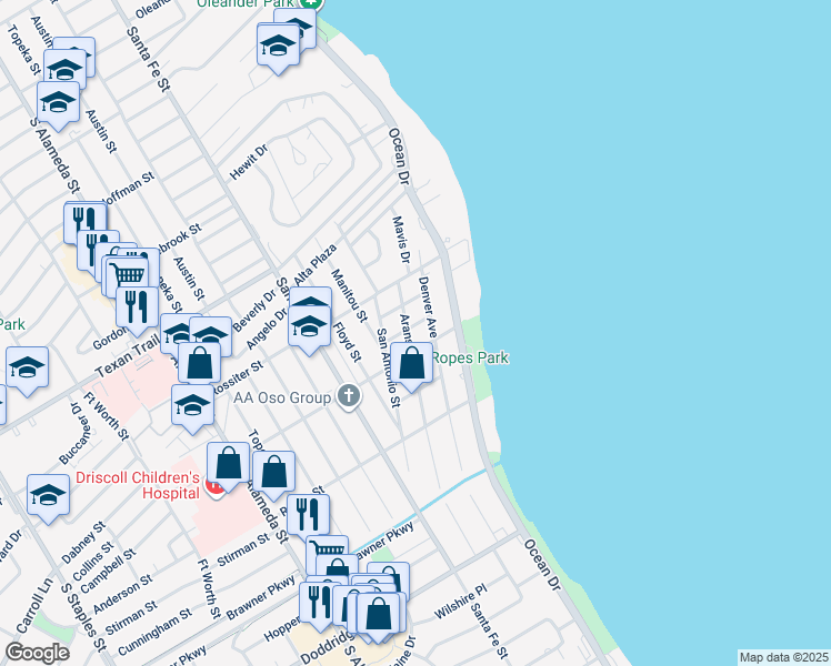 map of restaurants, bars, coffee shops, grocery stores, and more near 3448 Aransas Street in Corpus Christi