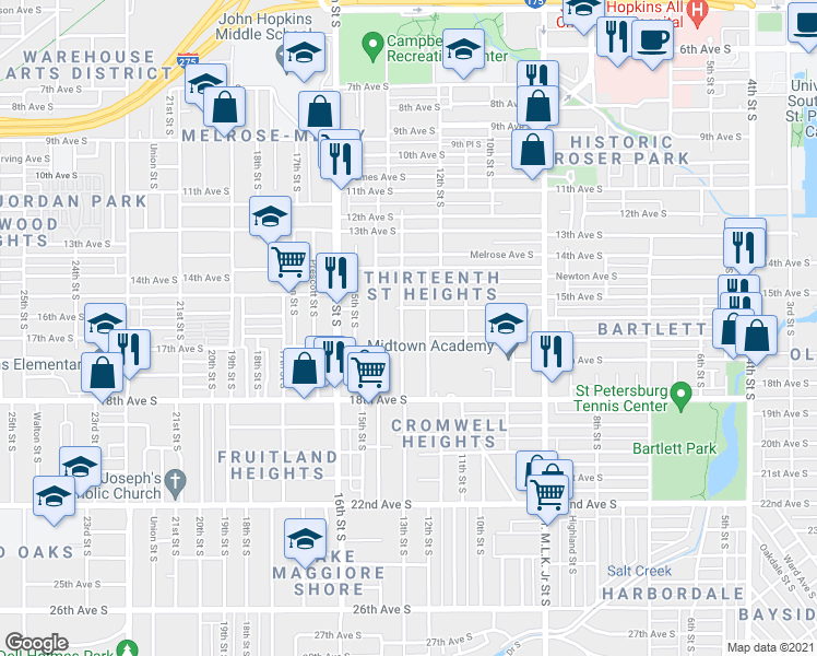 map of restaurants, bars, coffee shops, grocery stores, and more near 1601 12th Street South in St. Petersburg
