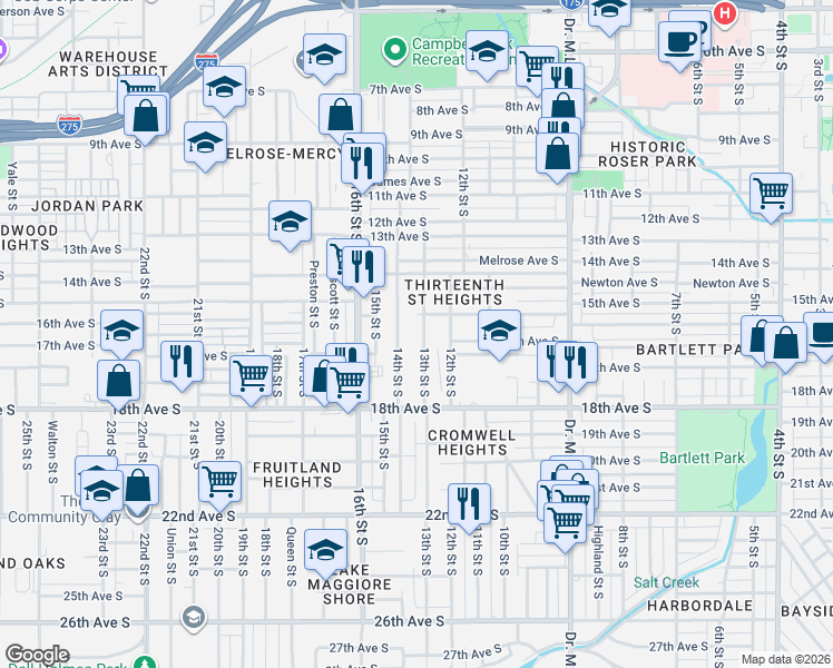 map of restaurants, bars, coffee shops, grocery stores, and more near 1534 14th Street South in St. Petersburg