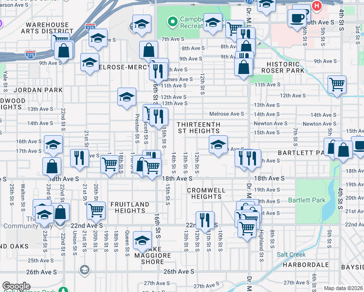 map of restaurants, bars, coffee shops, grocery stores, and more near 1535 13th Street South in St. Petersburg