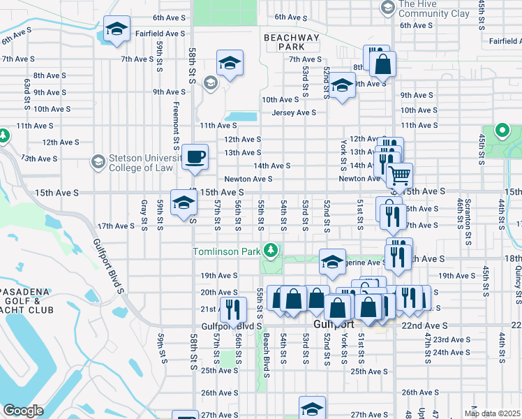 map of restaurants, bars, coffee shops, grocery stores, and more near 5510 16th Avenue South in Gulfport