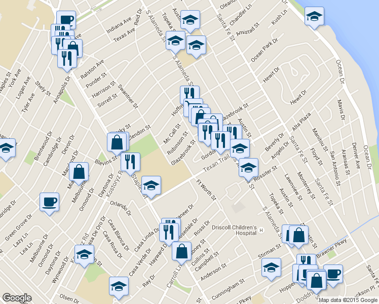 map of restaurants, bars, coffee shops, grocery stores, and more near 621 Glazebrook Street in Corpus Christi