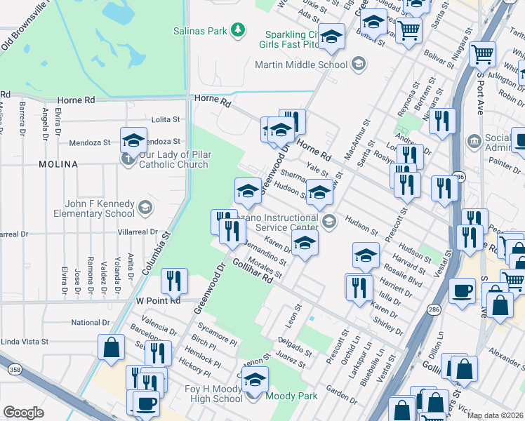 map of restaurants, bars, coffee shops, grocery stores, and more near 1602 Islla Drive in Corpus Christi
