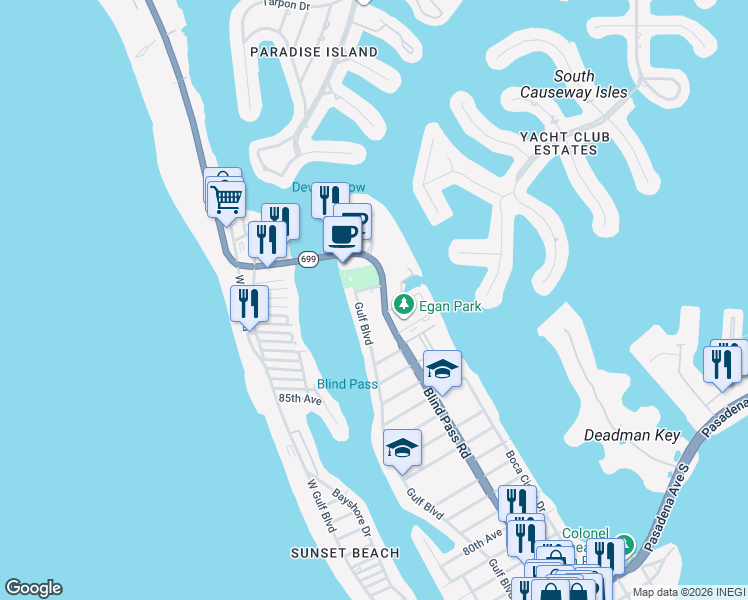map of restaurants, bars, coffee shops, grocery stores, and more near 9178 Blind Pass Road in St. Pete Beach