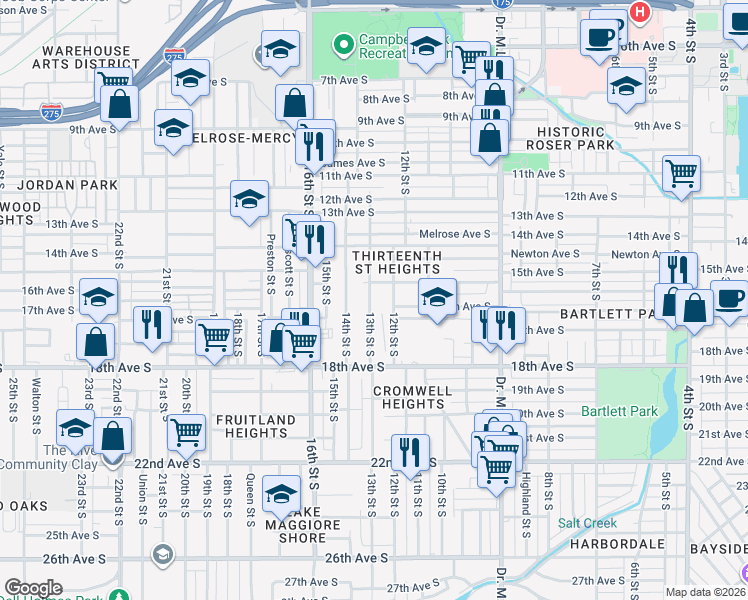 map of restaurants, bars, coffee shops, grocery stores, and more near 1532 13th Street South in St. Petersburg