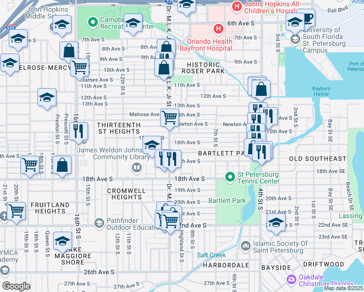 map of restaurants, bars, coffee shops, grocery stores, and more near 850 16th Avenue South in St. Petersburg