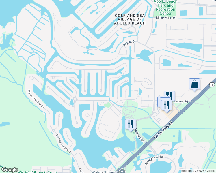 map of restaurants, bars, coffee shops, grocery stores, and more near 422 Islebay Drive in Apollo Beach