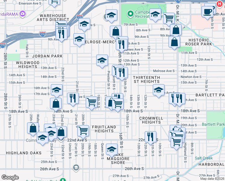 map of restaurants, bars, coffee shops, grocery stores, and more near 1625 Prescott Street South in St. Petersburg