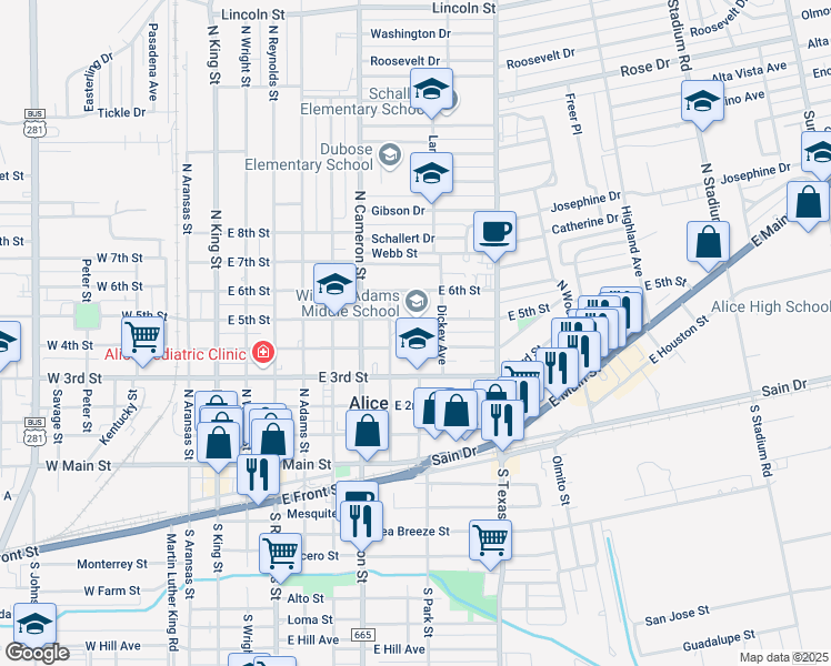 map of restaurants, bars, coffee shops, grocery stores, and more near 901 East 3rd Street in Alice