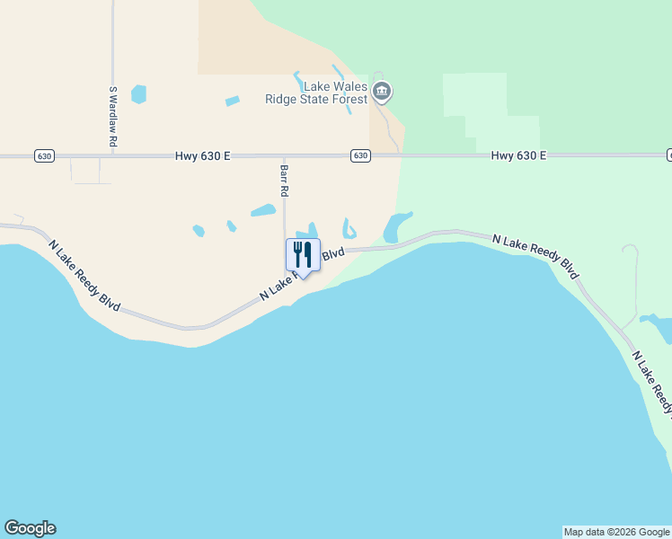 map of restaurants, bars, coffee shops, grocery stores, and more near 1894 North Lake Reedy Boulevard in Frostproof