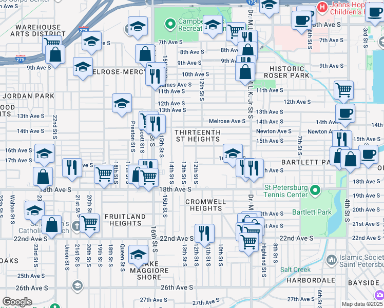 map of restaurants, bars, coffee shops, grocery stores, and more near 1601 12th Street South in St. Petersburg