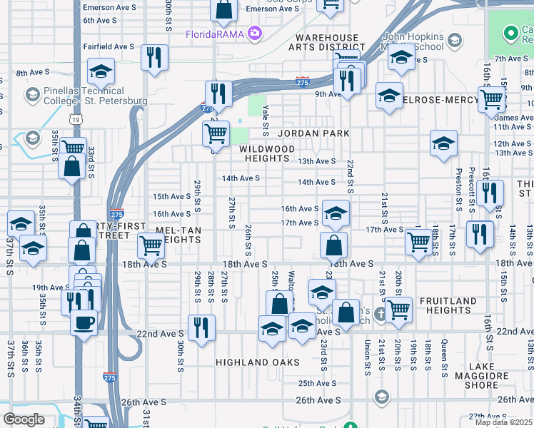 map of restaurants, bars, coffee shops, grocery stores, and more near 2545 17th Avenue South in St. Petersburg