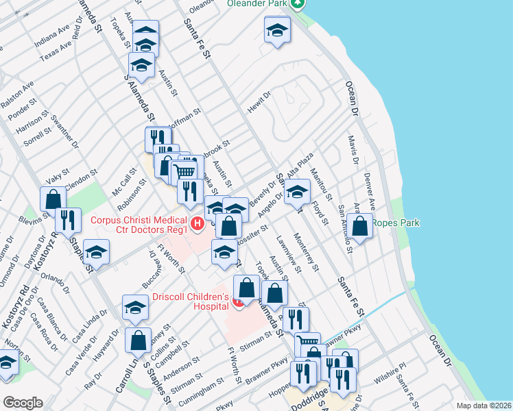 map of restaurants, bars, coffee shops, grocery stores, and more near 422 Beverly Drive in Corpus Christi