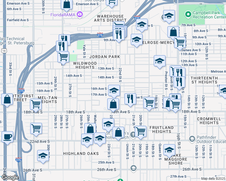 map of restaurants, bars, coffee shops, grocery stores, and more near 2221 17th Avenue South in St. Petersburg
