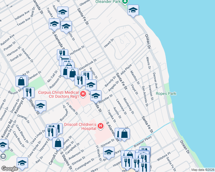 map of restaurants, bars, coffee shops, grocery stores, and more near 422 Beverly Drive in Corpus Christi