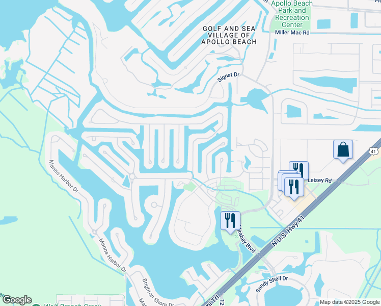 map of restaurants, bars, coffee shops, grocery stores, and more near 422 Islebay Drive in Apollo Beach