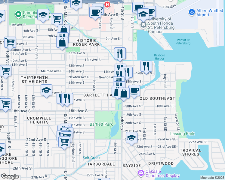 map of restaurants, bars, coffee shops, grocery stores, and more near 520 16th Avenue South in Saint Petersburg