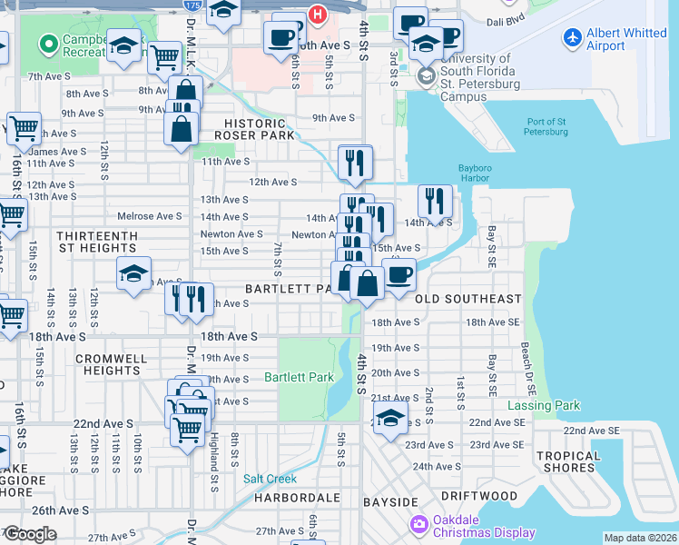 map of restaurants, bars, coffee shops, grocery stores, and more near 501 Paris Avenue South in St. Petersburg