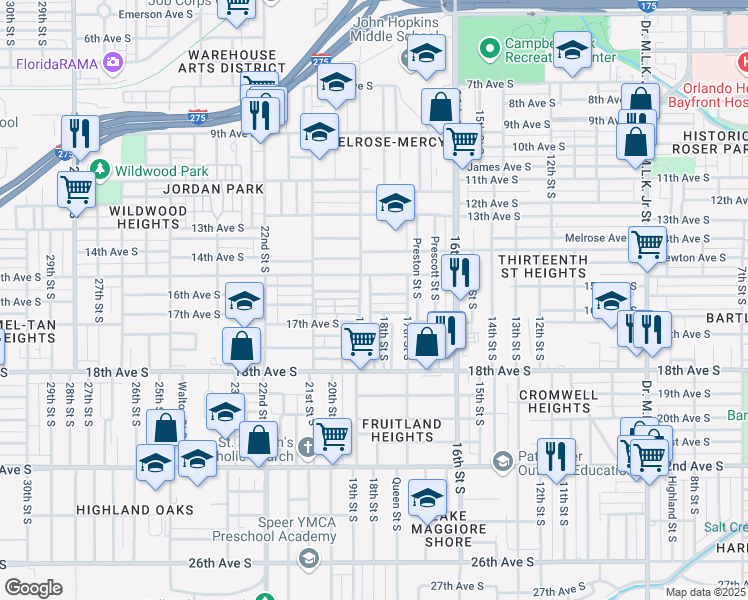 map of restaurants, bars, coffee shops, grocery stores, and more near 1608 Russell Street South in St. Petersburg
