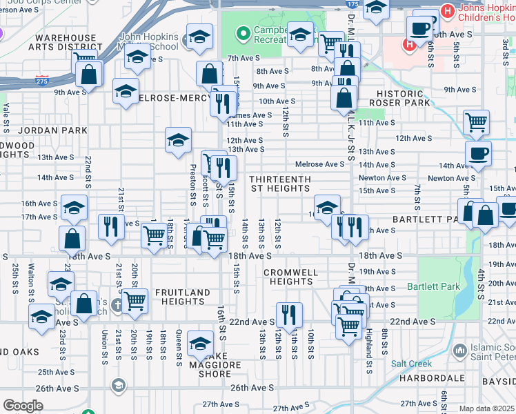 map of restaurants, bars, coffee shops, grocery stores, and more near 1527 13th Street South in Saint Petersburg