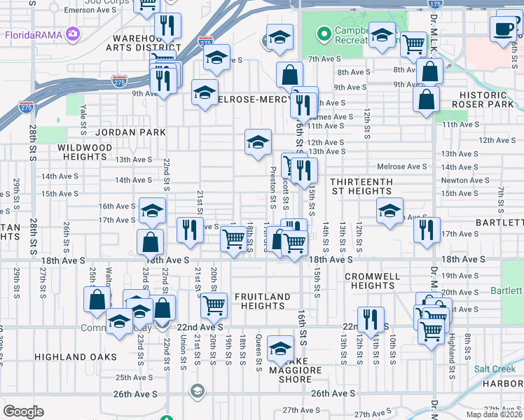 map of restaurants, bars, coffee shops, grocery stores, and more near 1725 Patton Avenue South in St. Petersburg