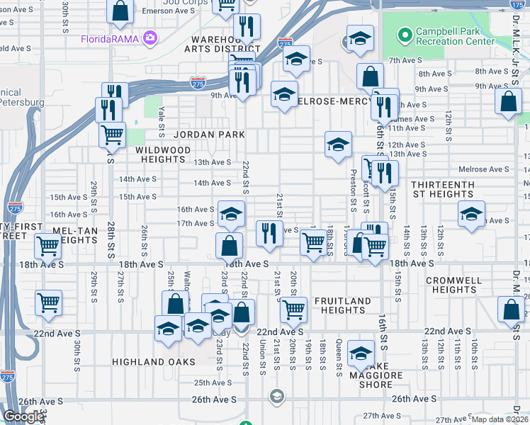 map of restaurants, bars, coffee shops, grocery stores, and more near 2148 16th Avenue South in St. Petersburg