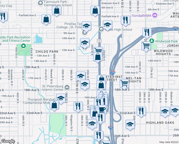 map of restaurants, bars, coffee shops, grocery stores, and more near 3500 16th Avenue South in St. Petersburg