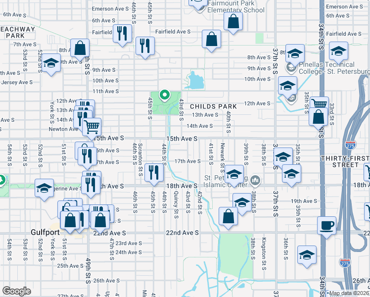 map of restaurants, bars, coffee shops, grocery stores, and more near 4338 16th Avenue South in St. Petersburg